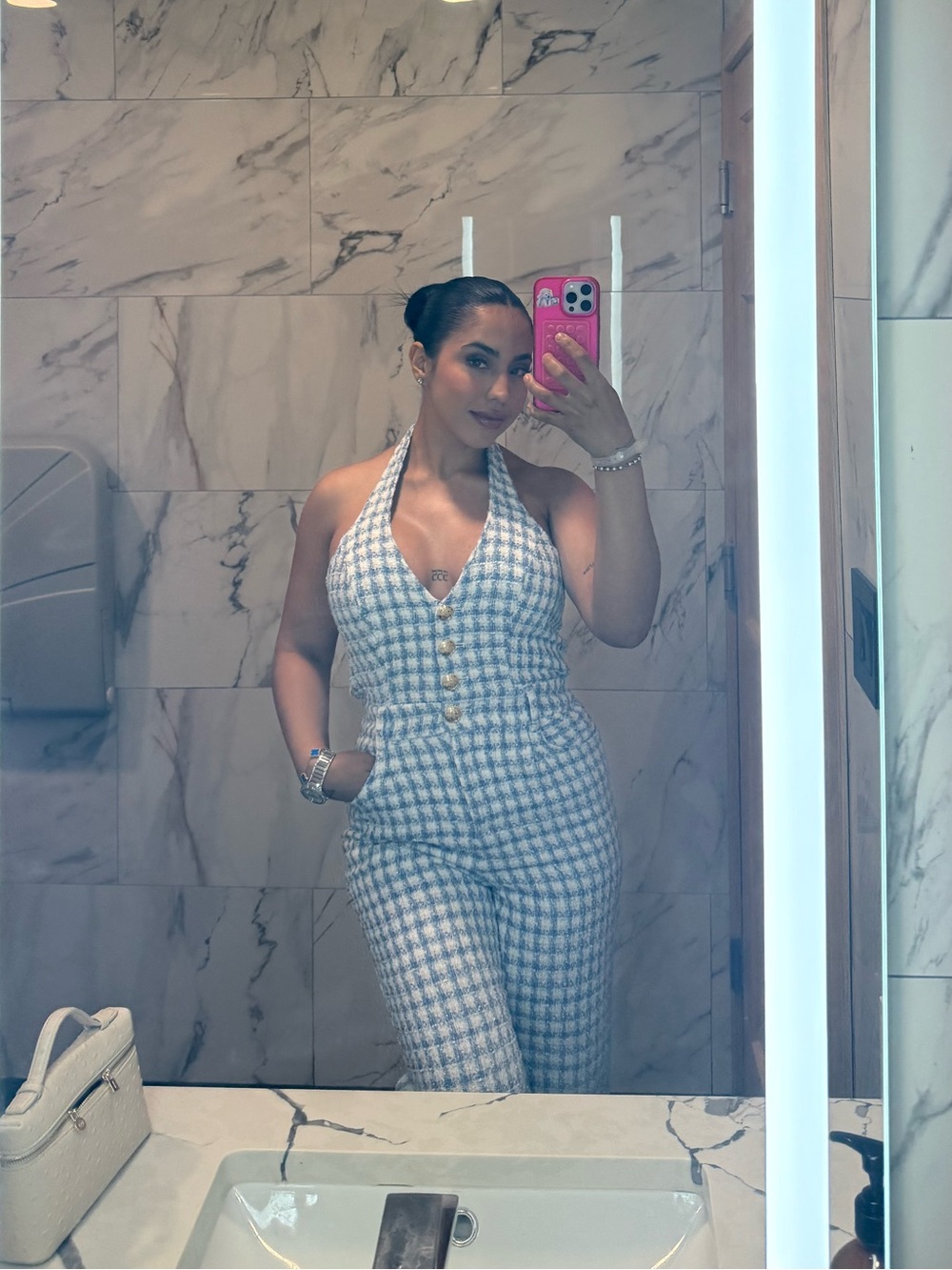 White & Light Blue Houndstooth Halter Jumpsuit
